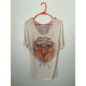 Harley Davidson Embroidered Wing Graphic V Neck Shirt Bikercore Grunge Y2K Cycle